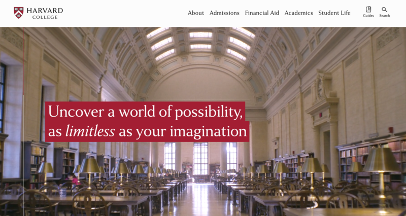 The Harvard College website’s homepage, showing a full page video. 