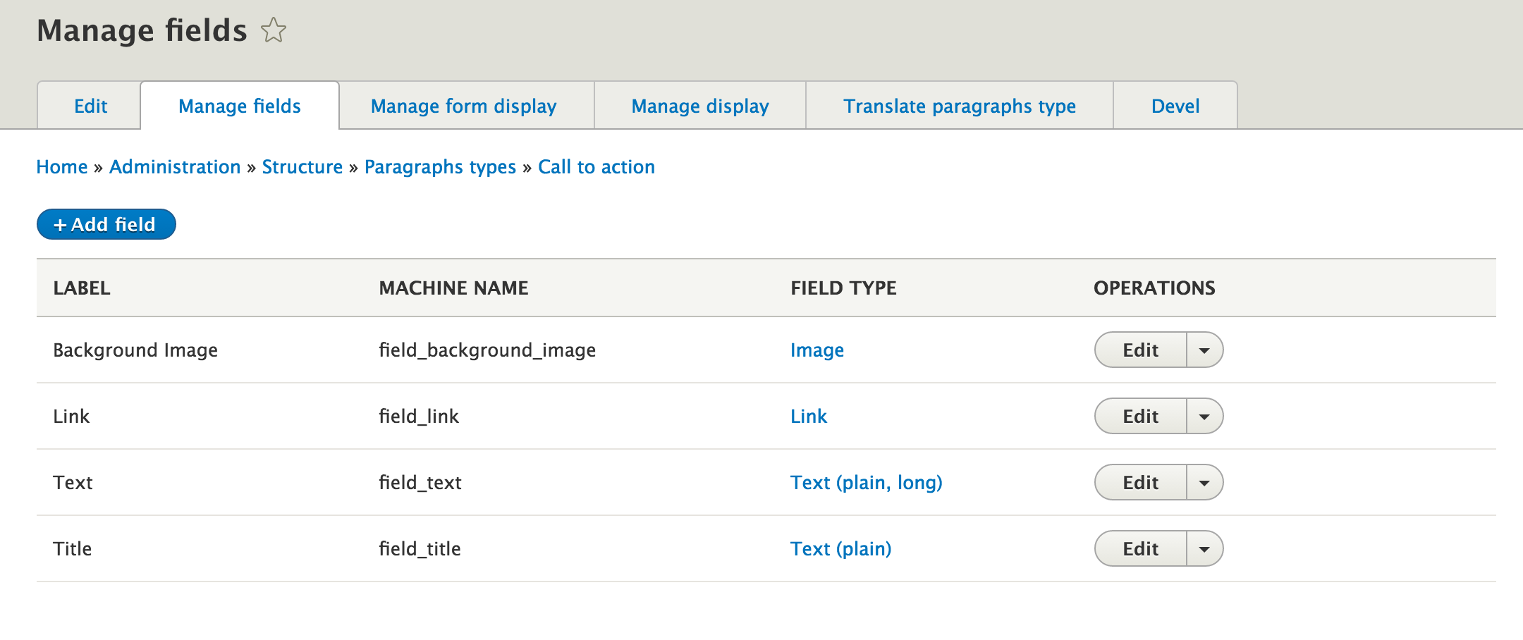 Paragraph type manage fields interface