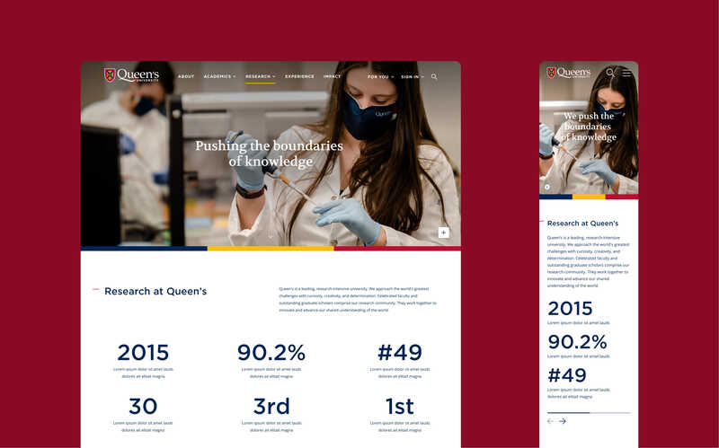 Screenshots show the desktop and mobile views of the Research page on the Queen’s University website. Numbers and statistics appear in a larger font size. 