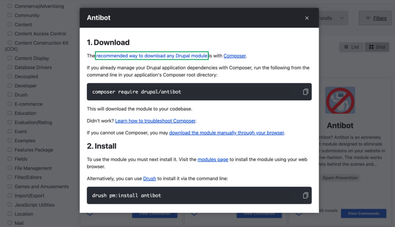 A screenshot shows a pop-up window that provides download and installation instructions for an antibot module.