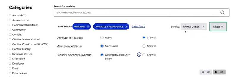A screenshot shows three filters: development status, maintenance status, and security advisory coverage.