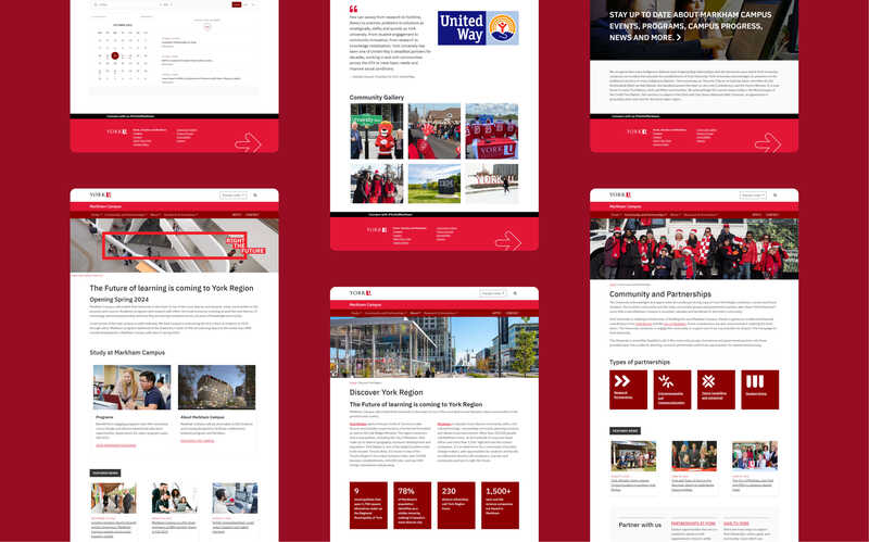 Image shows six screenshots of various pages on the York University Markham Campus website. The pages comprises short paragraphs, colourful images, icons, and callout statistics. 