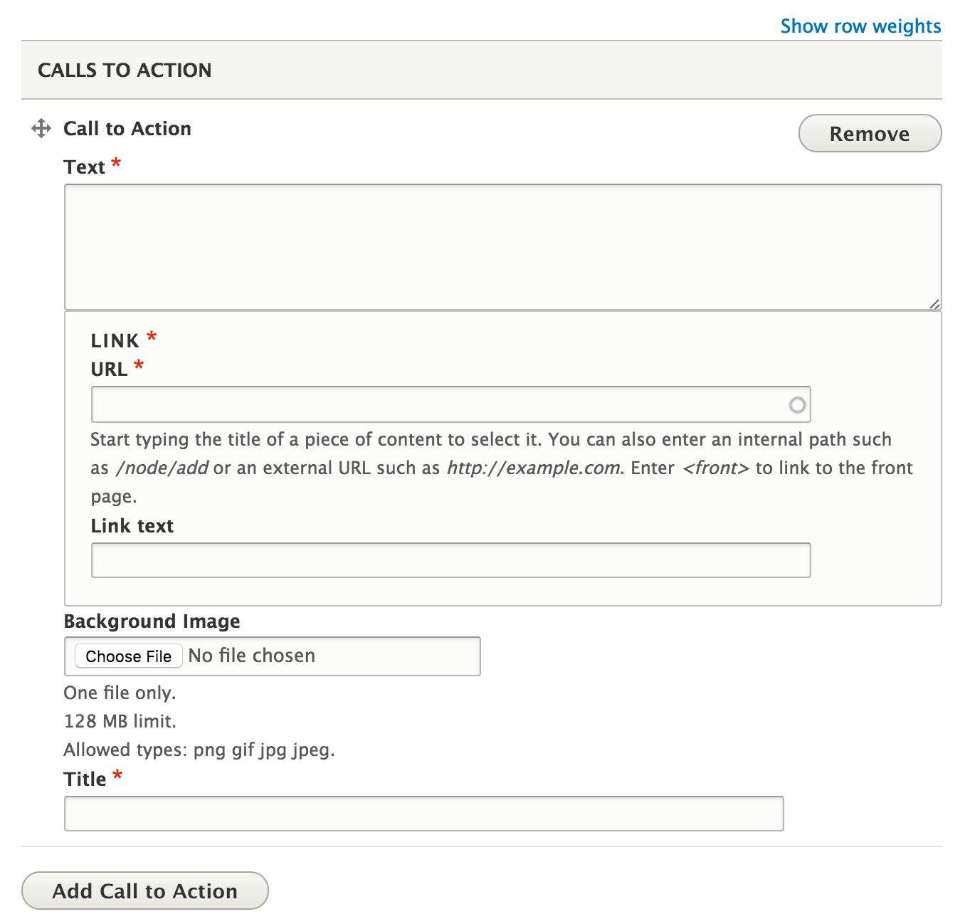 Interface for adding calls to action on the landing page content type