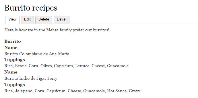 Formatted output for a burrito field.
