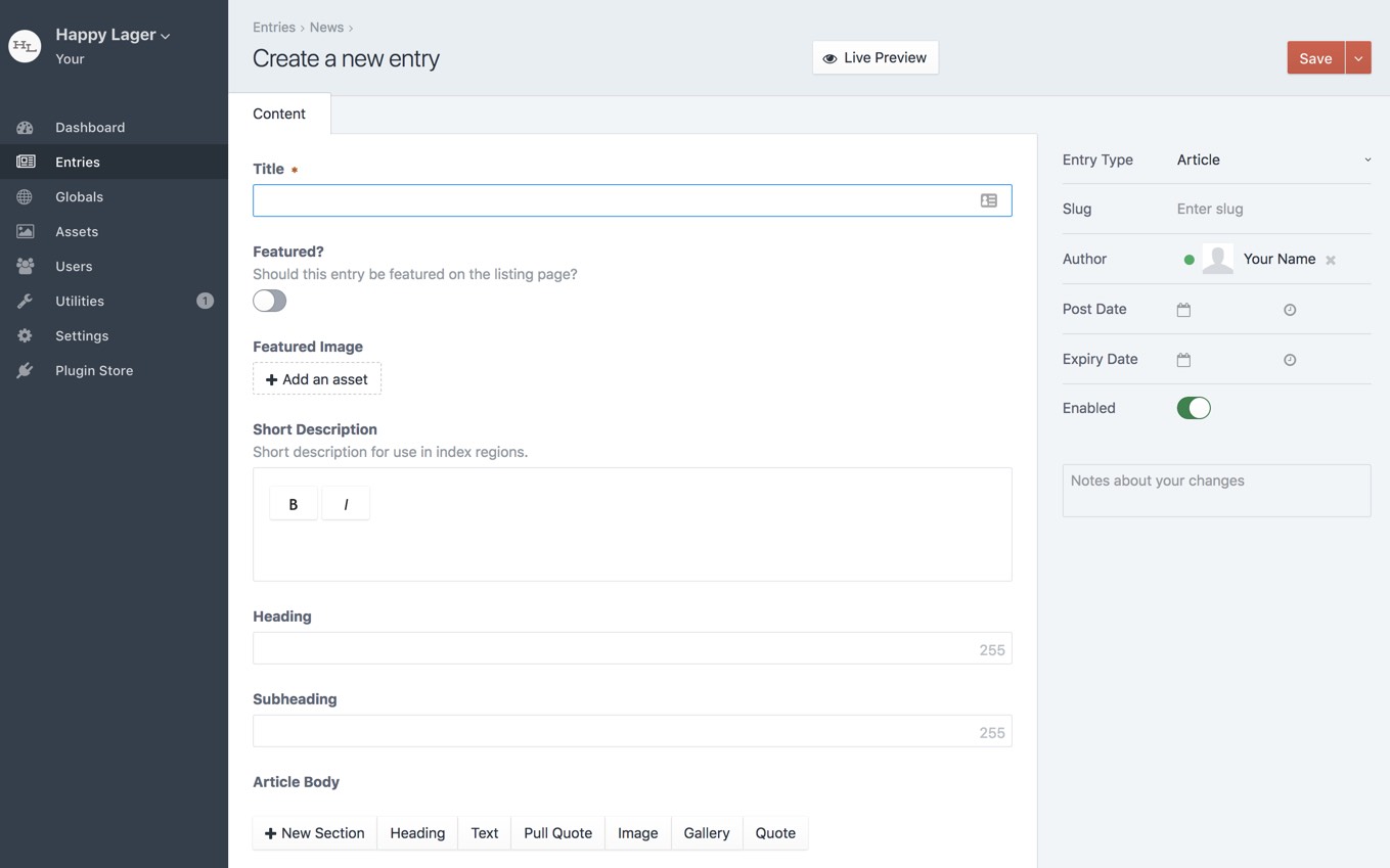 Craft CMS UI for adding an entry