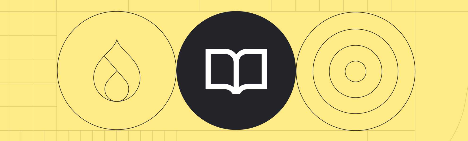Icons of a drop shape, a book, and concentric circles on a yellow background.