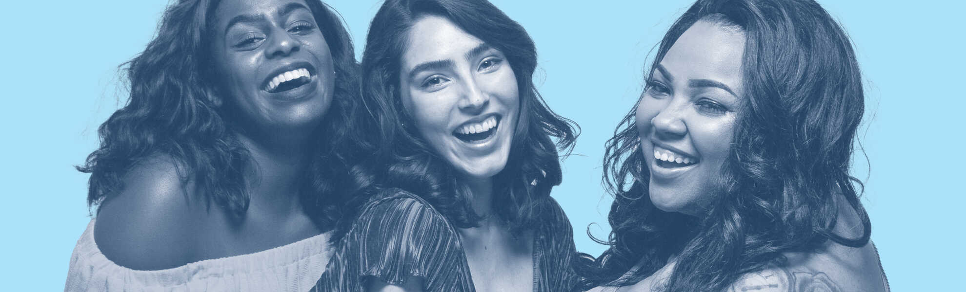 Three women images in a light blue background