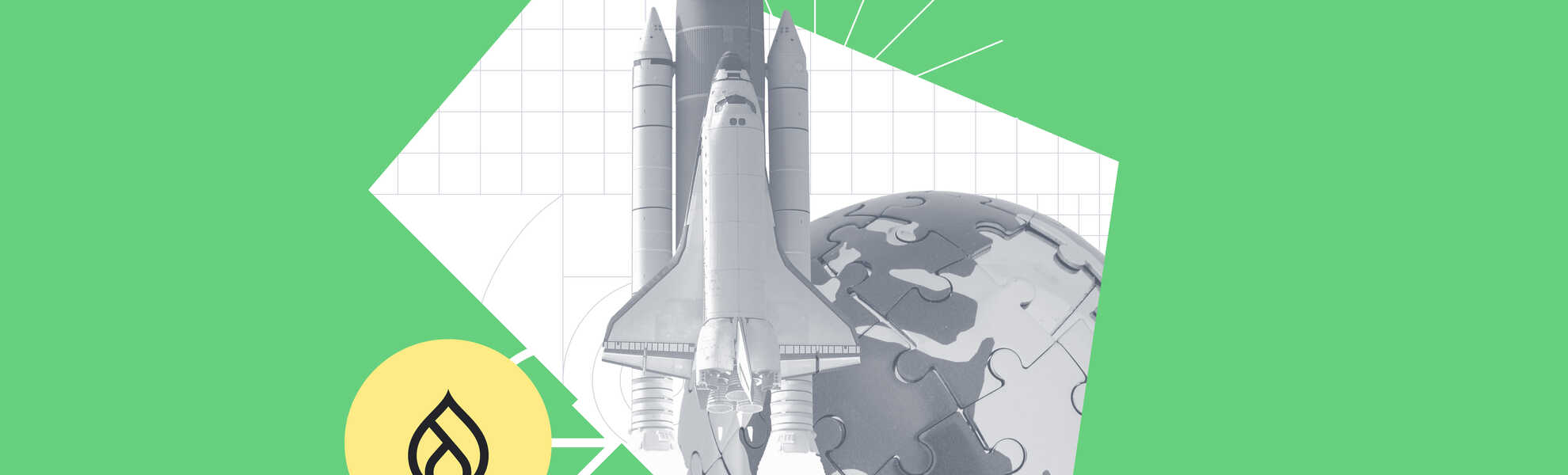 A rocket ship on a green background with the Drupal logo