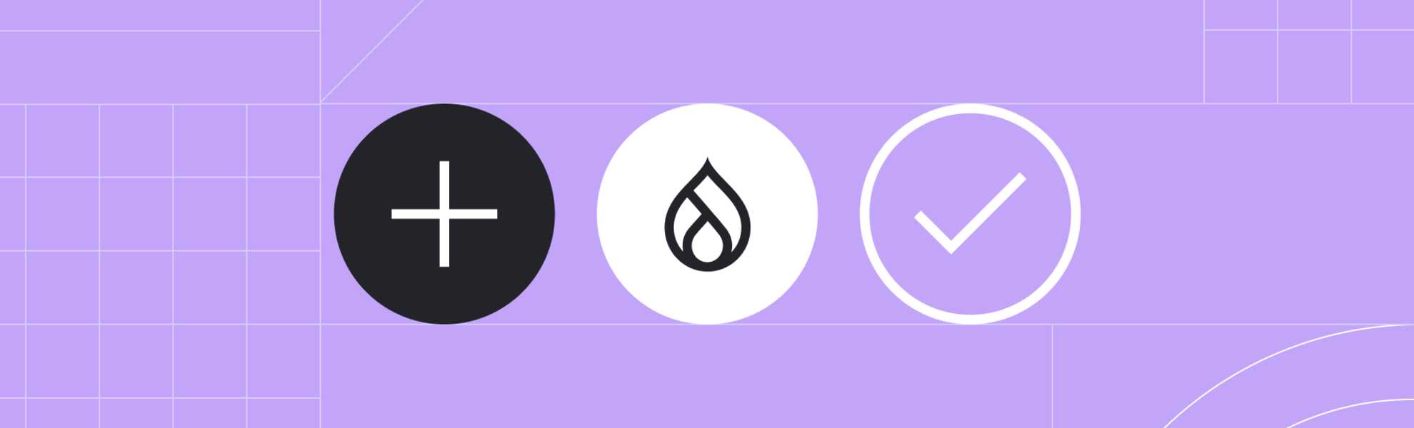 an arrow, the Drupal drop,  and a checkmark on a purple background